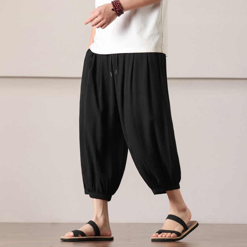 Buddha Stones Summer Casual Minimalist Drawstring Solid Capri Pants Men's Harem Pants With Pocket - image 27