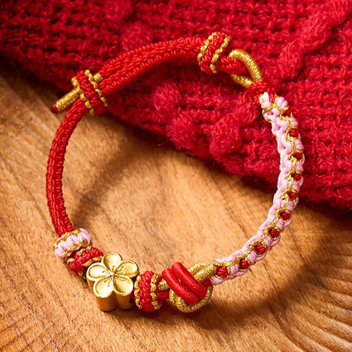 Buddha Stones Braided Rope Knot Adjustable Bracelet - Red With Flower Accessory - image 0