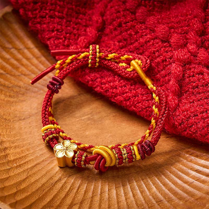 Buddha Stones Flower Braided Rope Knot Double Wrap Adjustable Bracelet - Red With Flower Accessory - image 0