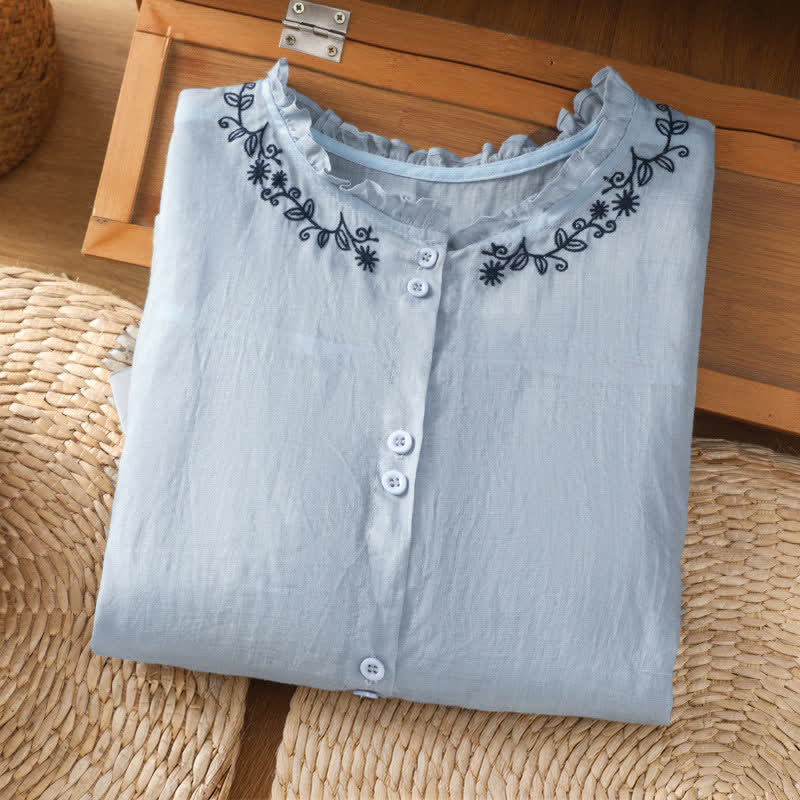 Buddha Stones Summer Casual Vintage Light Blue Embroidery Button-Up Solid Women's Elbow-Length Sleeve Shirts - image 2