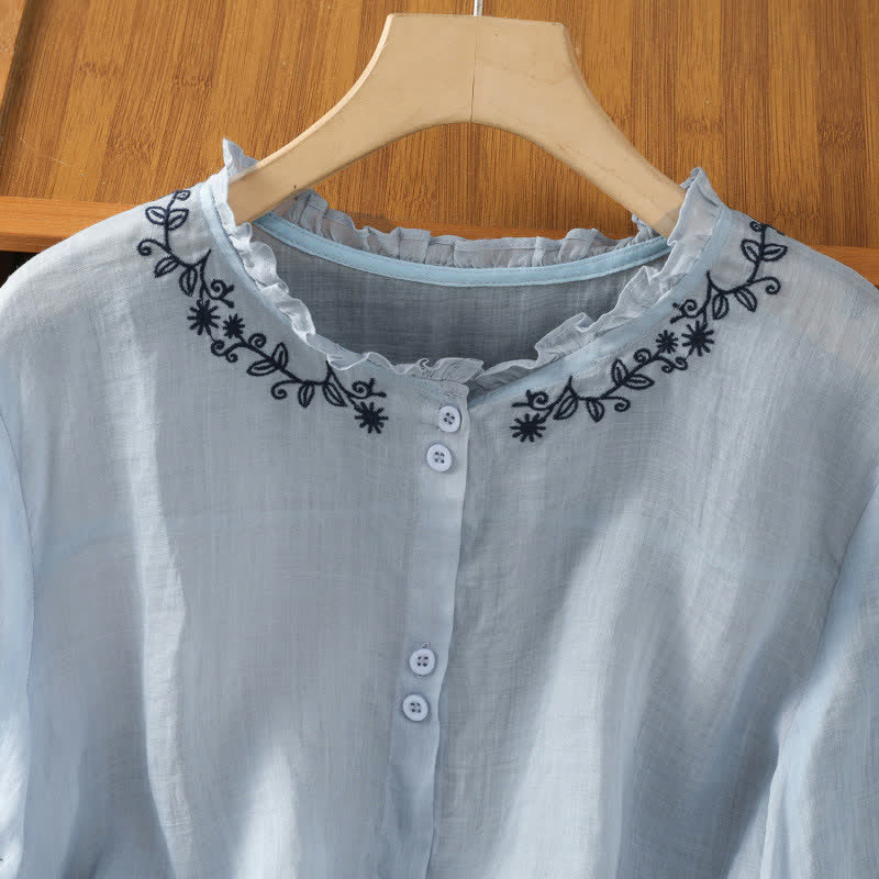 Buddha Stones Summer Casual Vintage Light Blue Embroidery Button-Up Solid Women's Elbow-Length Sleeve Shirts - image 3