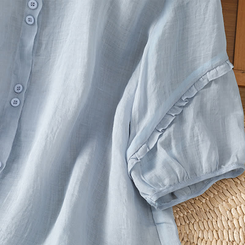 Buddha Stones Summer Casual Vintage Light Blue Embroidery Button-Up Solid Women's Elbow-Length Sleeve Shirts - image 6