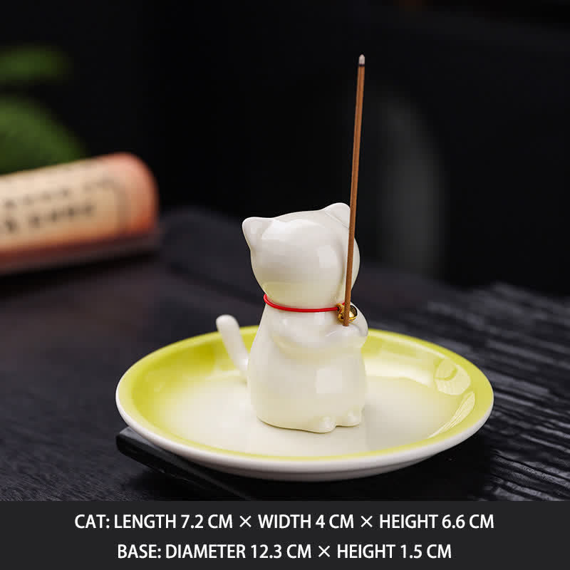 Buddha Stones Ceramic Kawaii Cat Incense Burner with Ash Catching Tray Without Incense - Yellow - Without Incense - image 17