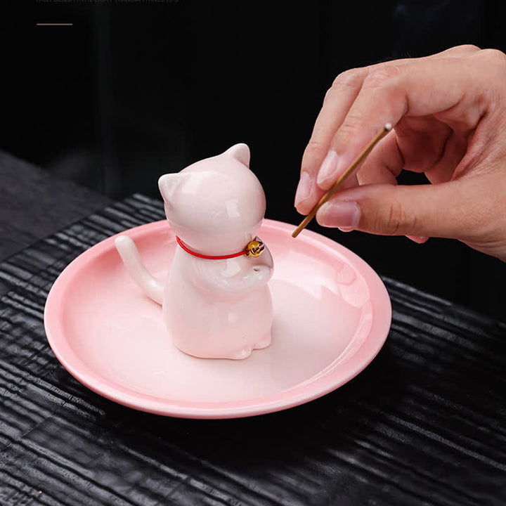 Buddha Stones Ceramic Kawaii Cat Incense Burner with Ash Catching Tray Without Incense - image 3