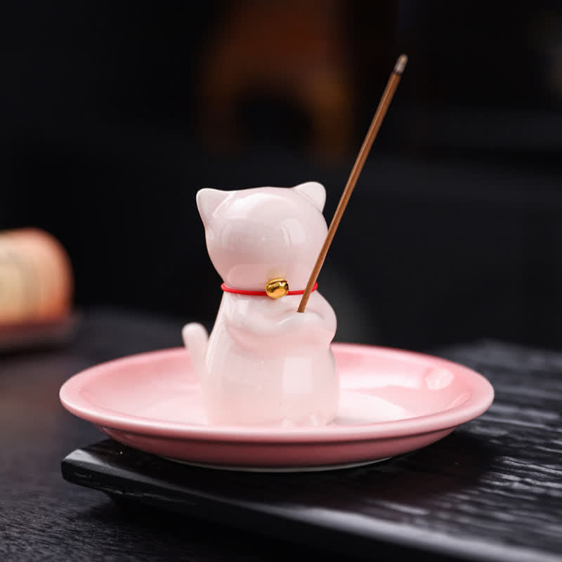 Buddha Stones Ceramic Kawaii Cat Incense Burner with Ash Catching Tray Without Incense - Pink - Without Incense - image 0