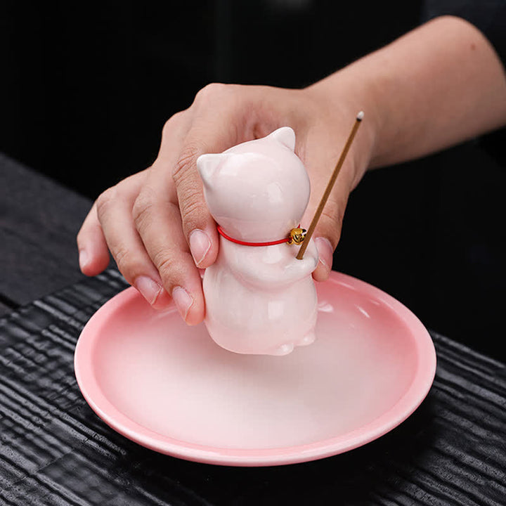 Buddha Stones Ceramic Kawaii Cat Incense Burner with Ash Catching Tray Without Incense - image 6