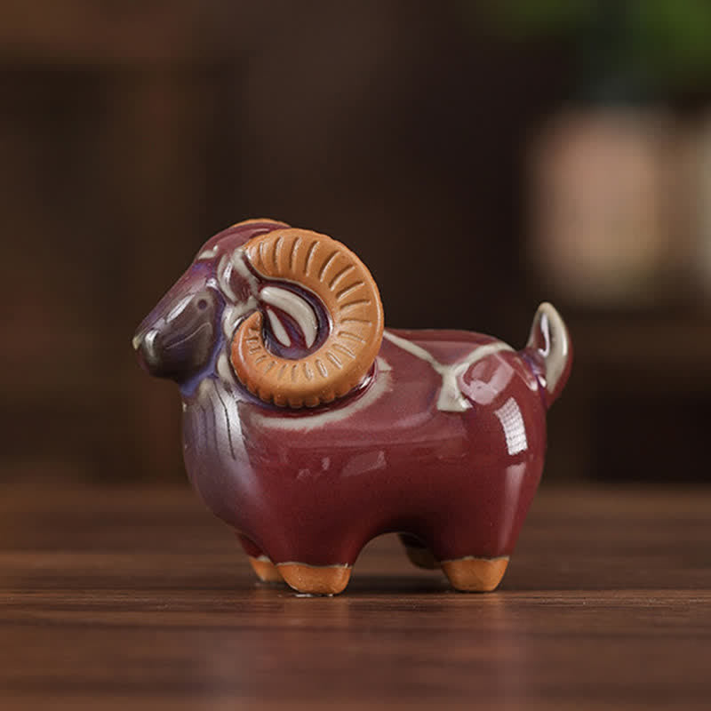 Buddha Stones Kiln-Change Glaze Ceramic Chinese Zodiac Ram Prosperity Cute Animal Decor - image 1