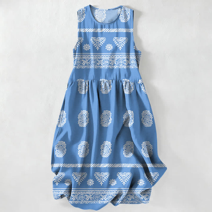Buddha Stones Summer Casual Geometric Medallion Stripe Pattern Women's Summer Sleeveless Midi Dress With Pockets - CornflowerBlue - US16，UK/AU20，EU48 (3XL) - image 0