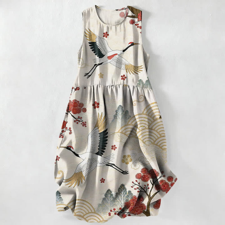 Buddha Stones Summer Casual Crane Plum Blossom Pattern Women's Summer Sleeveless Midi Dress With Pockets - Ivory - US16，UK/AU20，EU48 (3XL) - image 0