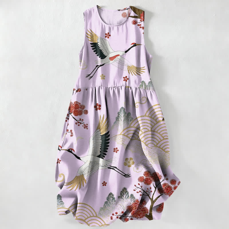 Buddha Stones Summer Casual Crane Plum Blossom Pattern Women's Summer Sleeveless Midi Dress With Pockets - Lavender - US16，UK/AU20，EU48 (3XL) - image 4