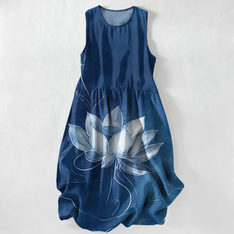 Buddha Stones Summer Casual Lotus Bloom Pattern Women's Summer Sleeveless Midi Dress With Pockets - Navy - US16，UK/AU20，EU48 (3XL) - image 4