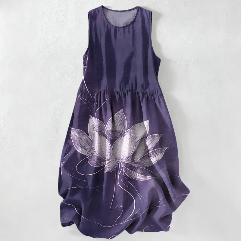 Buddha Stones Summer Casual Lotus Bloom Pattern Women's Summer Sleeveless Midi Dress With Pockets - Indigo - US16，UK/AU20，EU48 (3XL) - image 5