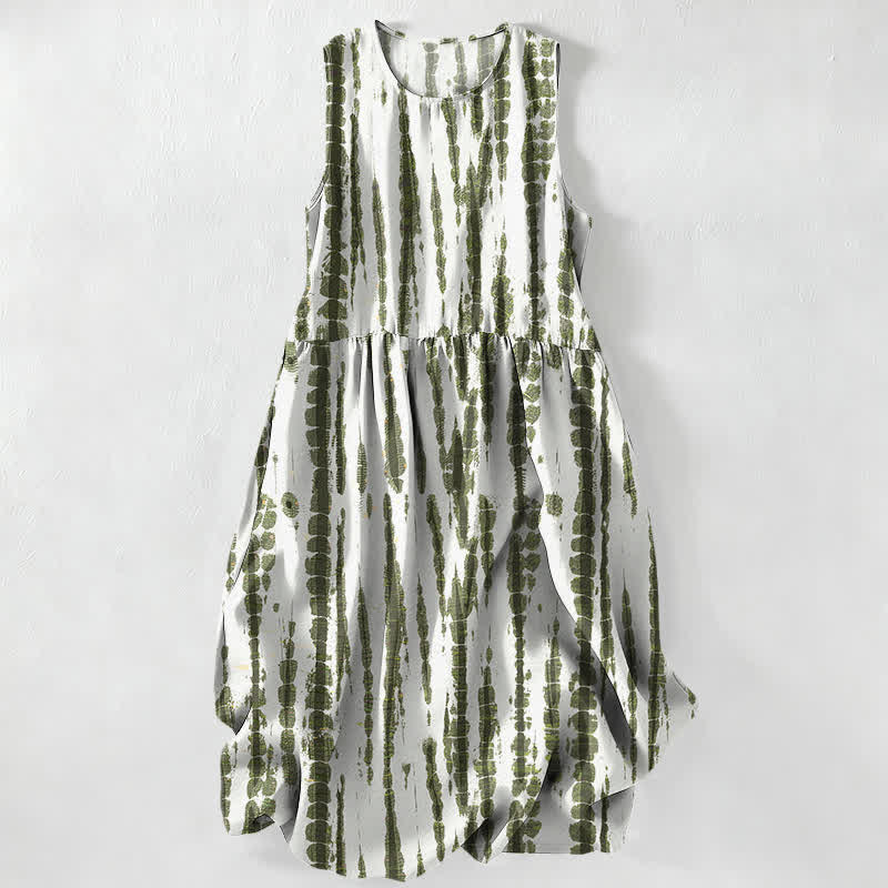 Buddha Stones Summer Casual Vertical Brush Stripe Pattern Women's Summer Sleeveless Midi Dress With Pockets - Snow - image 0