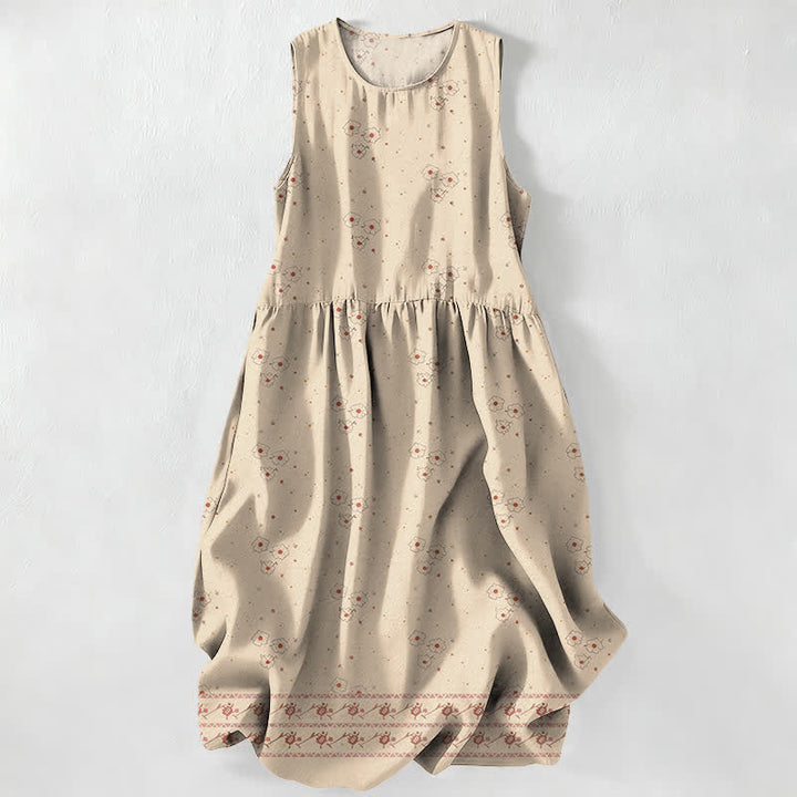 Buddha Stones Summer Casual Ditsy Floral Polka Dot Pattern Women's Summer Sleeveless Midi Dress With Pockets - Beige - US16，UK/AU20，EU48 (3XL) - image 0