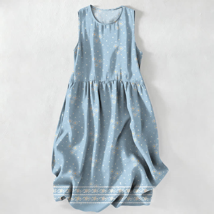 Buddha Stones Summer Casual Ditsy Floral Polka Dot Pattern Women's Summer Sleeveless Midi Dress With Pockets - LightBlue - US16，UK/AU20，EU48 (3XL) - image 4