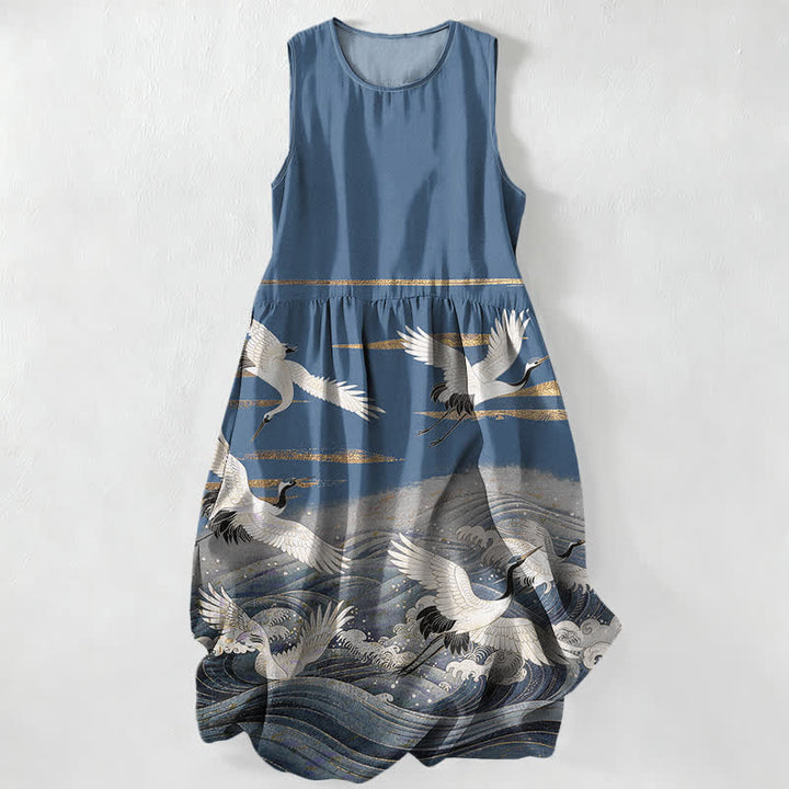Buddha Stones Summer Casual Crane Waves Pattern Women's Summer Sleeveless Midi Dress With Pockets - SteelBlue - US16，UK/AU20，EU48 (3XL) - image 4
