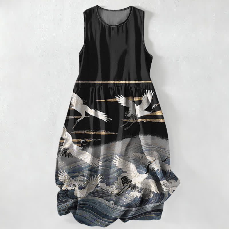 Buddha Stones Summer Casual Crane Waves Pattern Women's Summer Sleeveless Midi Dress With Pockets - Black - US16，UK/AU20，EU48 (3XL) - image 5