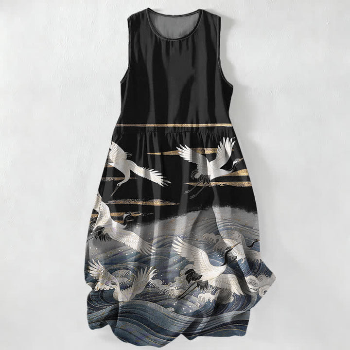 Buddha Stones Summer Casual Crane Waves Pattern Women's Summer Sleeveless Midi Dress With Pockets - Black - US16，UK/AU20，EU48 (3XL) - image 5