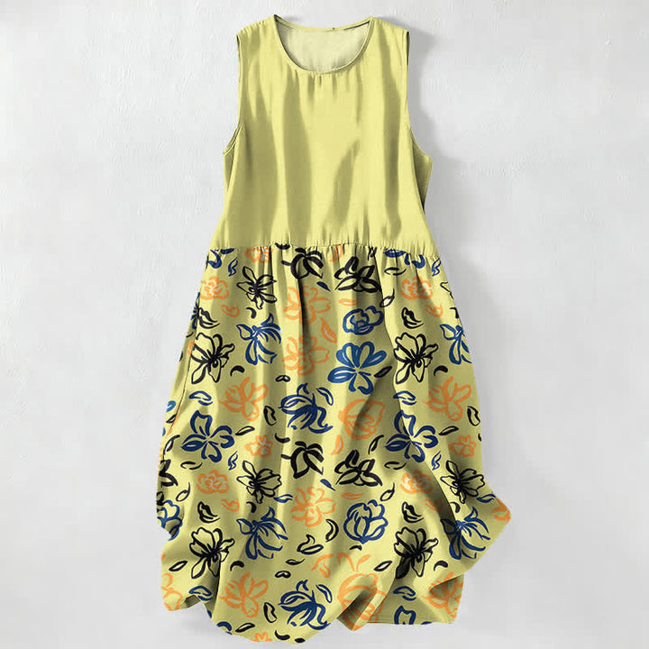 Buddha Stones Summer Casual Abstract Floral Pattern Women's Summer Sleeveless Midi Dress With Pockets - LemonChiffon - US16，UK/AU20，EU48 (3XL) - image 4