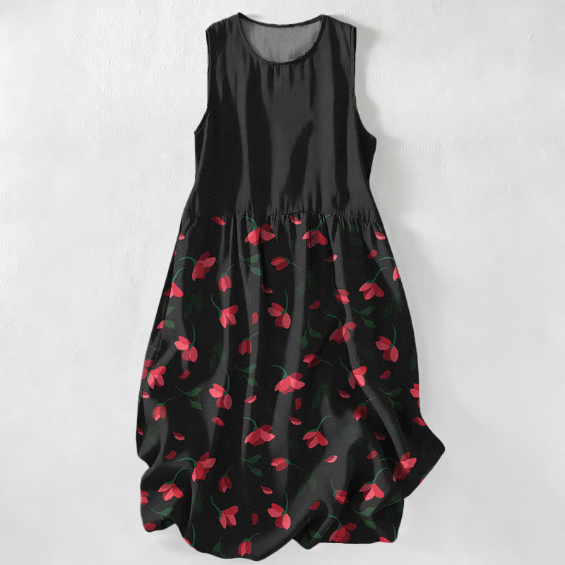 Buddha Stones Summer Casual Red Floral Vine Pattern Women's Summer Sleeveless Midi Dress With Pockets - Black - US16，UK/AU20，EU48 (3XL) - image 0