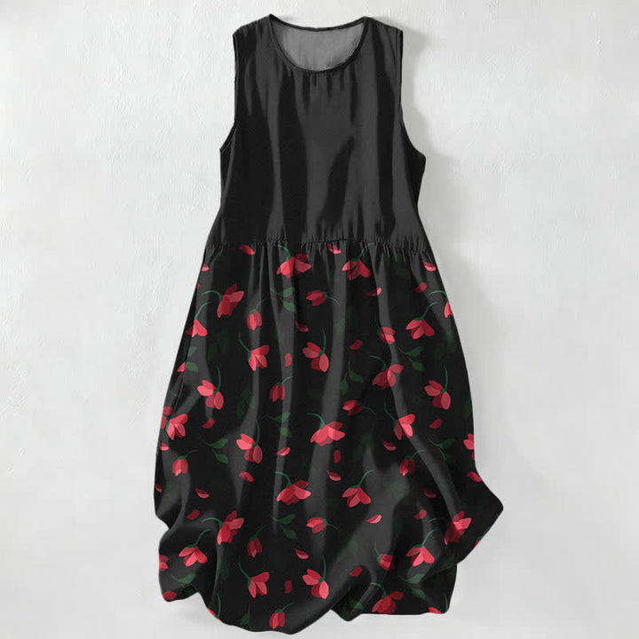 Buddha Stones Summer Casual Red Floral Vine Pattern Women's Summer Sleeveless Midi Dress With Pockets - Black - US16，UK/AU20，EU48 (3XL) - image 0