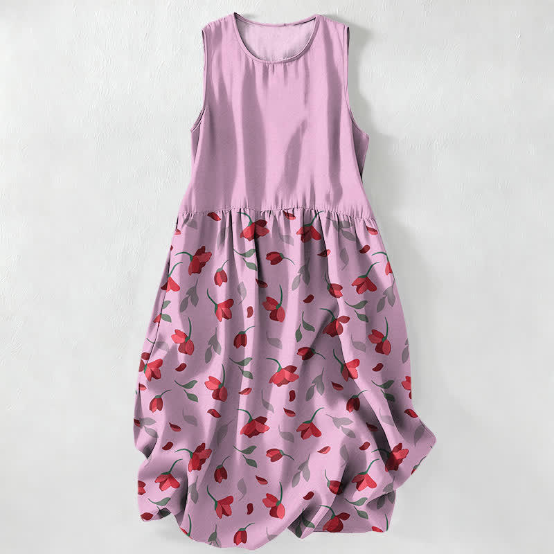 Buddha Stones Summer Casual Red Floral Vine Pattern Women's Summer Sleeveless Midi Dress With Pockets - LightPink - US16，UK/AU20，EU48 (3XL) - image 5