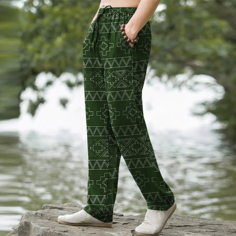 Buddha Stones Cotton Tribal White Geometric Pattern Men's Tapered Pants With Pockets - image 7