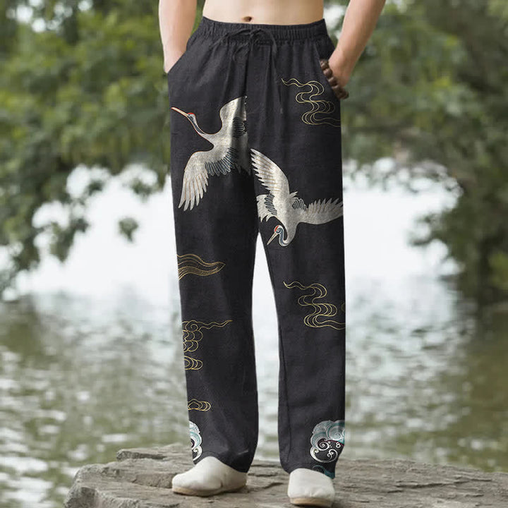 Buddha Stones Cotton Crane Cloud And Ocean Wave Pattern Men's Tapered Pants With Pockets - Black - US/UK/AU50，EU60 (5XL) - image 0