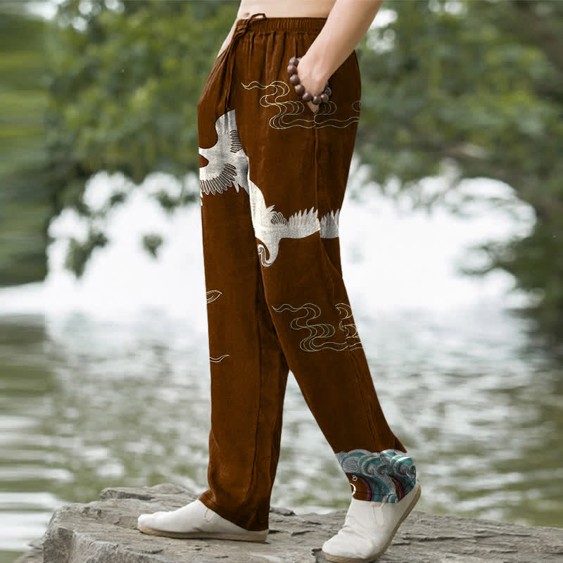 Buddha Stones Cotton Crane Cloud And Ocean Wave Pattern Men's Tapered Pants With Pockets - image 7
