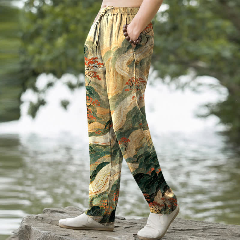 Buddha Stones Cotton Floral Mountain And River Pattern Men's Tapered Pants With Pockets - image 1