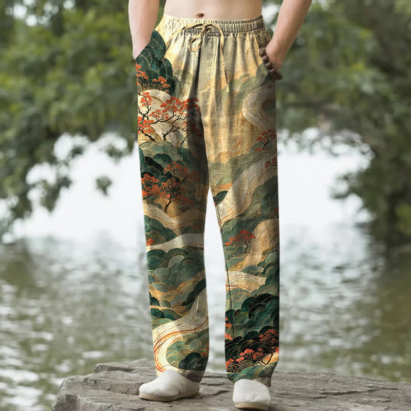 Buddha Stones Cotton Floral Mountain And River Pattern Men's Tapered Pants With Pockets - Khaki - US/UK/AU50，EU60 (5XL) - image 0