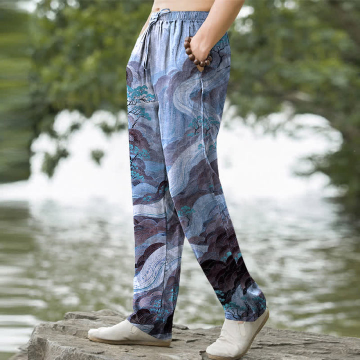 Buddha Stones Cotton Floral Mountain And River Pattern Men's Tapered Pants With Pockets - image 5