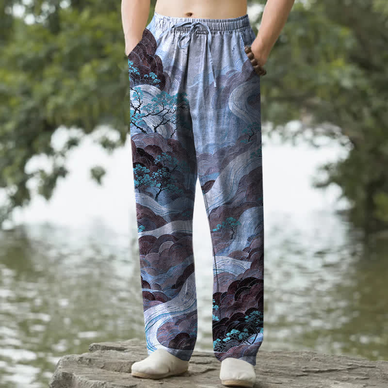 Buddha Stones Cotton Floral Mountain And River Pattern Men's Tapered Pants With Pockets - CornflowerBlue - US/UK/AU50，EU60 (5XL) - image 4