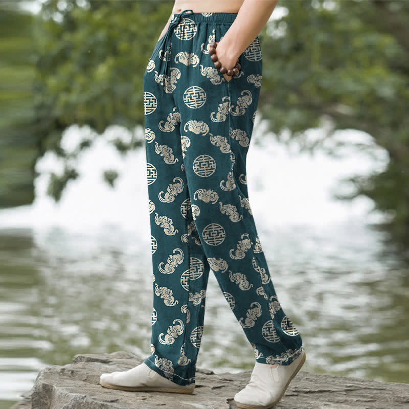 Buddha Stones Cotton Longevity Cloud Round Emblem Pattern Men's Tapered Pants With Pockets - image 7