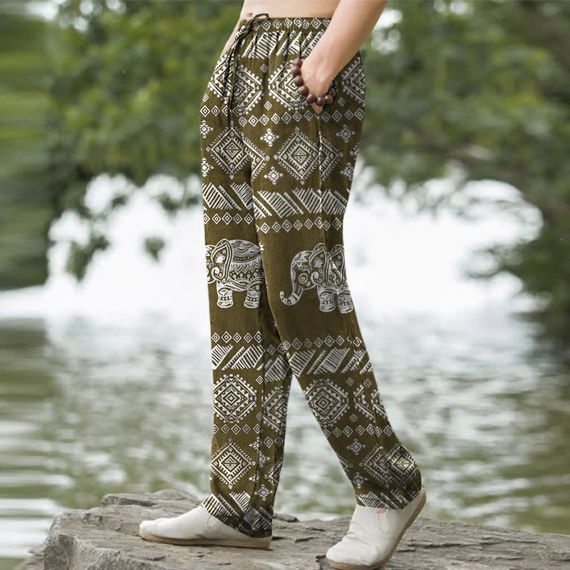 Buddha Stones Cotton Elephant Tribal Pattern Men's Tapered Pants With Pockets - image 7