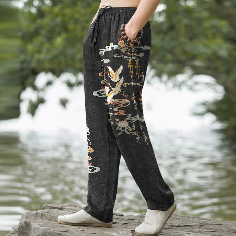 Buddha Stones Cotton White Crane Auspicious Clouds And Pavilion Lotus Pattern Men's Tapered Pants With Pockets - image 1