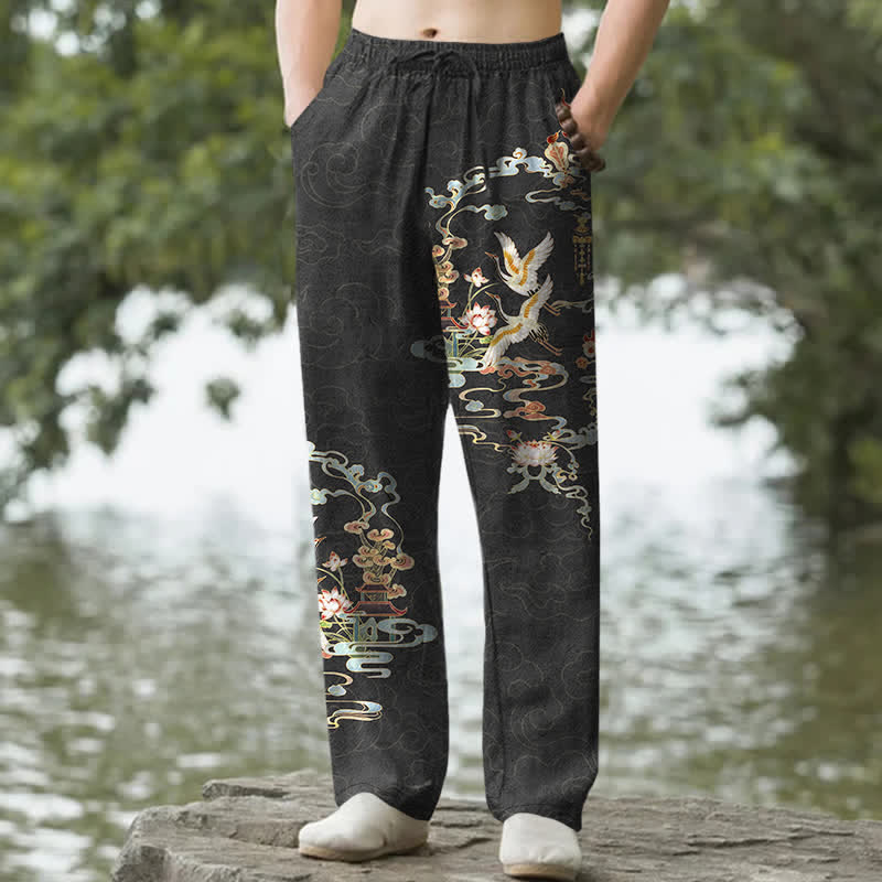 Buddha Stones Cotton White Crane Auspicious Clouds And Pavilion Lotus Pattern Men's Tapered Pants With Pockets - Black - US/UK/AU50，EU60 (5XL) - image 0