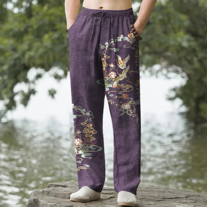 Buddha Stones Cotton White Crane Auspicious Clouds And Pavilion Lotus Pattern Men's Tapered Pants With Pockets - MediumOrchid - US/UK/AU50，EU60 (5XL) - image 4