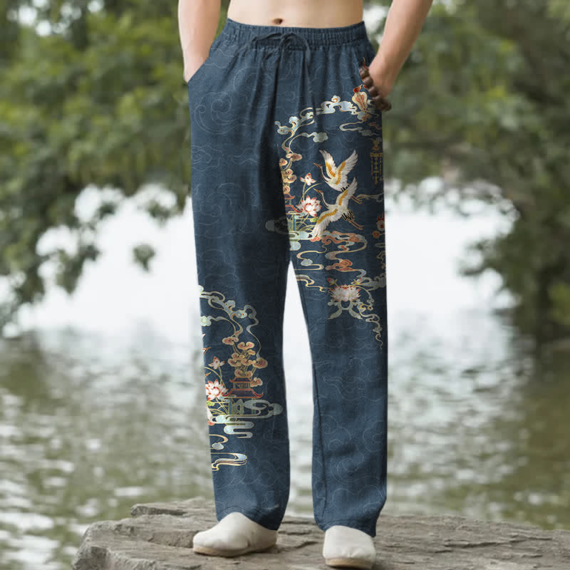 Buddha Stones Cotton White Crane Auspicious Clouds And Pavilion Lotus Pattern Men's Tapered Pants With Pockets - SteelBlue - US/UK/AU50，EU60 (5XL) - image 6