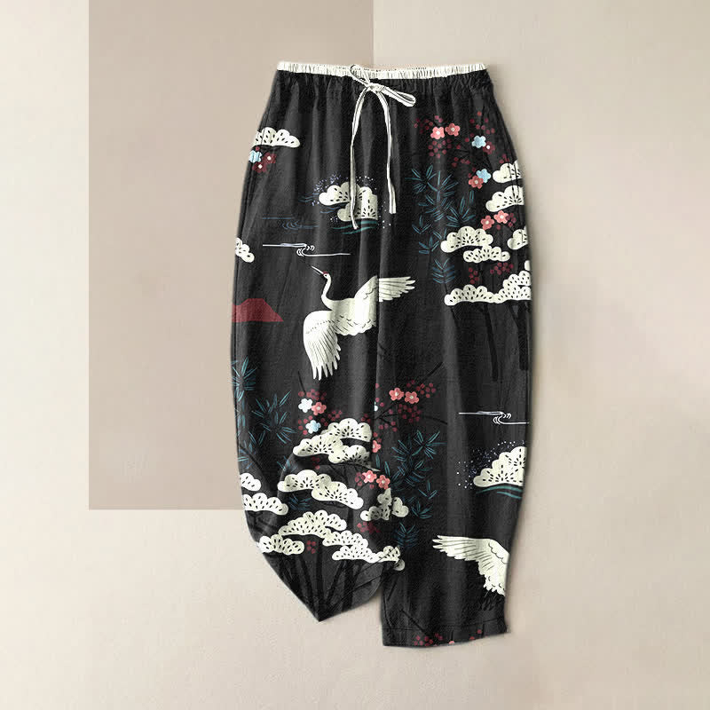 Buddha Stones Pure Cotton Graceful Crane And White Tree Pattern Women's Elastic Waist Pants With Pockets - Black - US16，UK/AU20，EU48 (3XL) - image 5