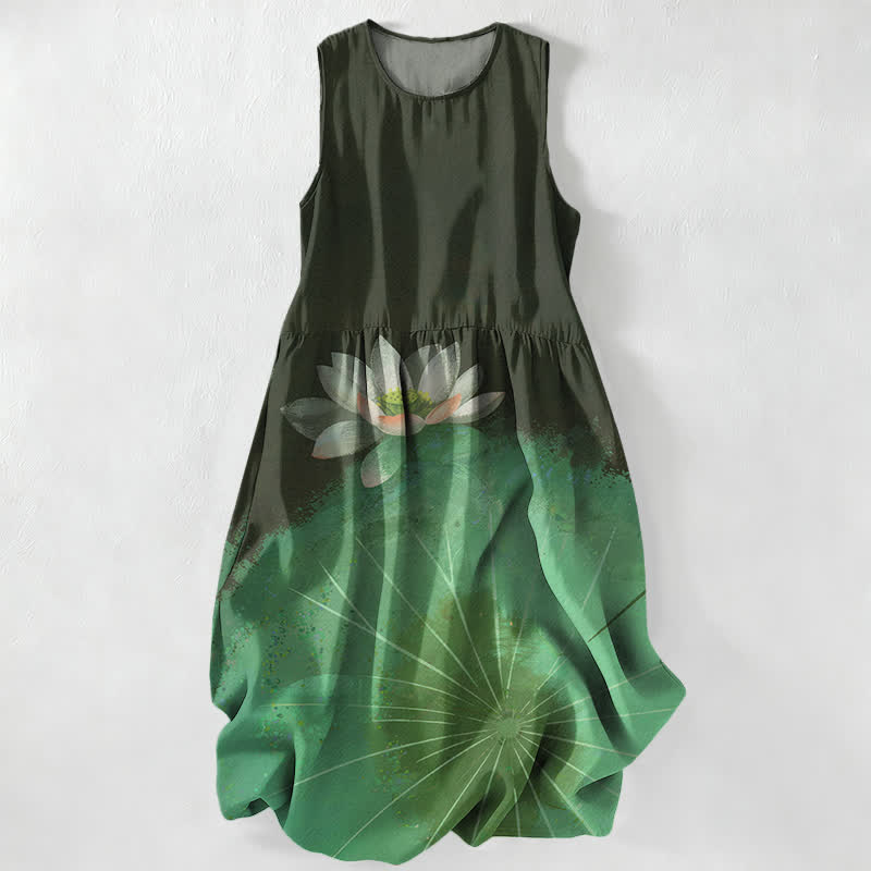Buddha Stones Summer Casual Lotus Pond Pattern Women's Summer Sleeveless Midi Dress With Pockets - image 4