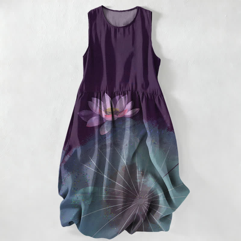 Buddha Stones Summer Casual Lotus Pond Pattern Women's Summer Sleeveless Midi Dress With Pockets - image 5