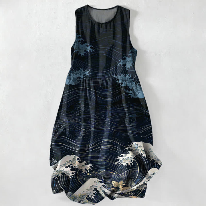 Buddha Stones Summer Casual Ukiyoe Ocean Waves Pattern Women's Summer Sleeveless Midi Dress With Pockets - Navy - US16，UK/AU20，EU48 (3XL) - image 4