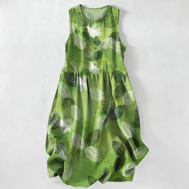 Buddha Stones Summer Casual Tropical Leaves Pattern Women's Summer Sleeveless Midi Dress With Pockets - YellowGreen - US16，UK/AU20，EU48 (3XL) - image 0