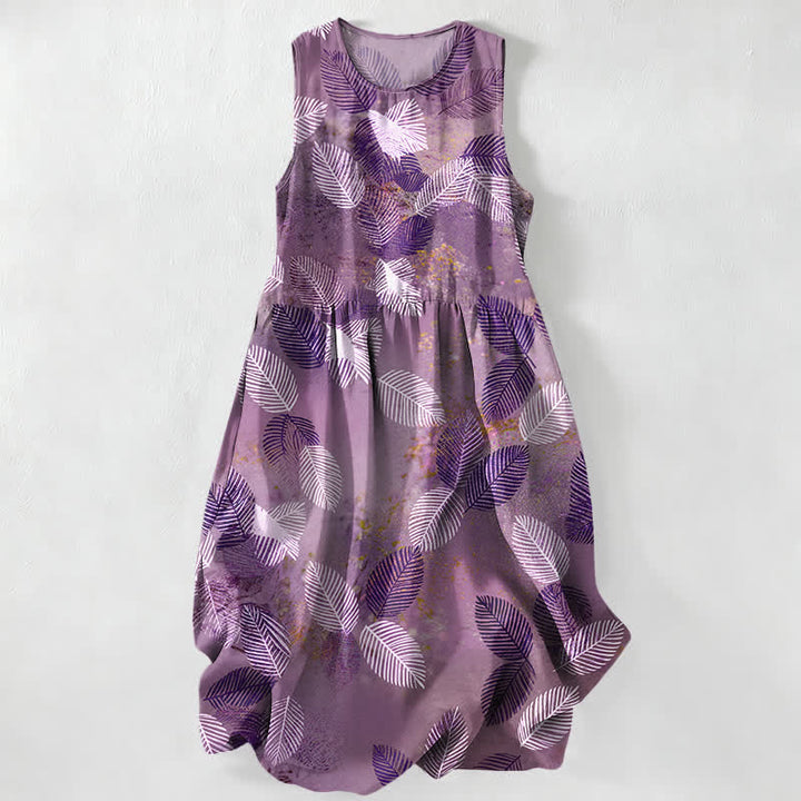 Buddha Stones Summer Casual Tropical Leaves Pattern Women's Summer Sleeveless Midi Dress With Pockets - Plum - US16，UK/AU20，EU48 (3XL) - image 5