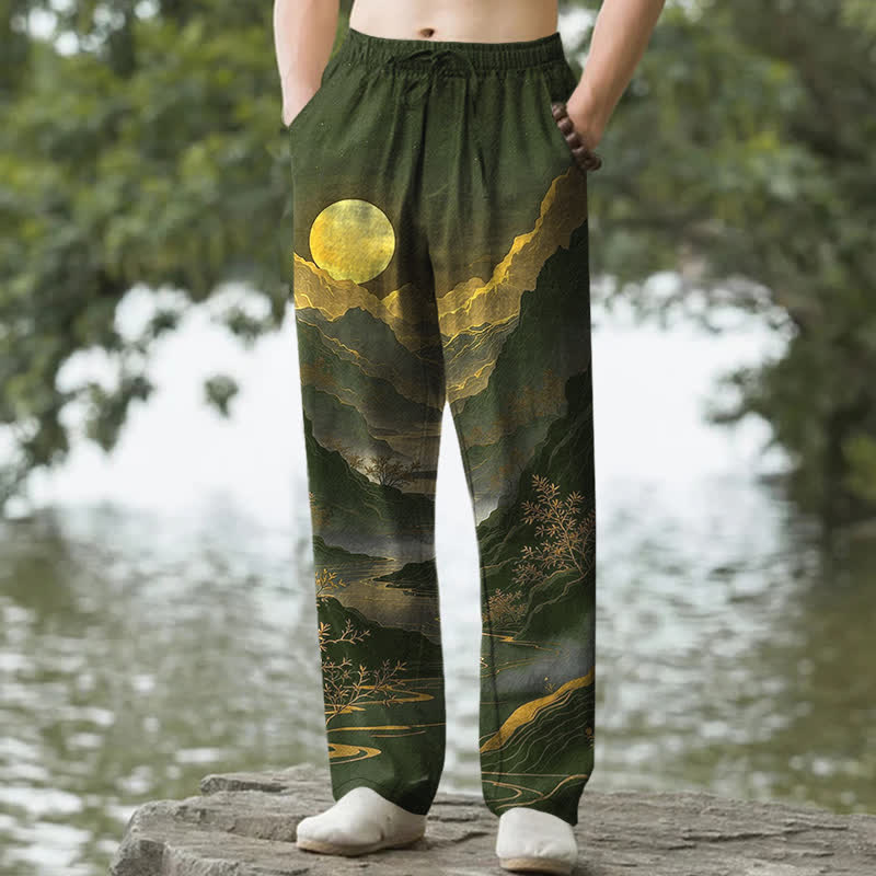 Buddha Stones Cotton Golden Mountain At Sunrise Pattern Men's Tapered Pants With Pockets - DarkOliveGreen - US/UK/AU50，EU60 (5XL) - image 0