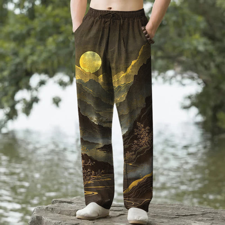 Buddha Stones Cotton Golden Mountain At Sunrise Pattern Men's Tapered Pants With Pockets - SaddleBrown - US/UK/AU50，EU60 (5XL) - image 4