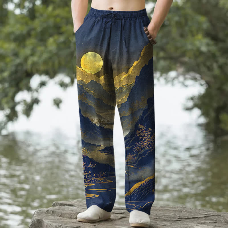 Buddha Stones Cotton Golden Mountain At Sunrise Pattern Men's Tapered Pants With Pockets - Navy - US/UK/AU50，EU60 (5XL) - image 6
