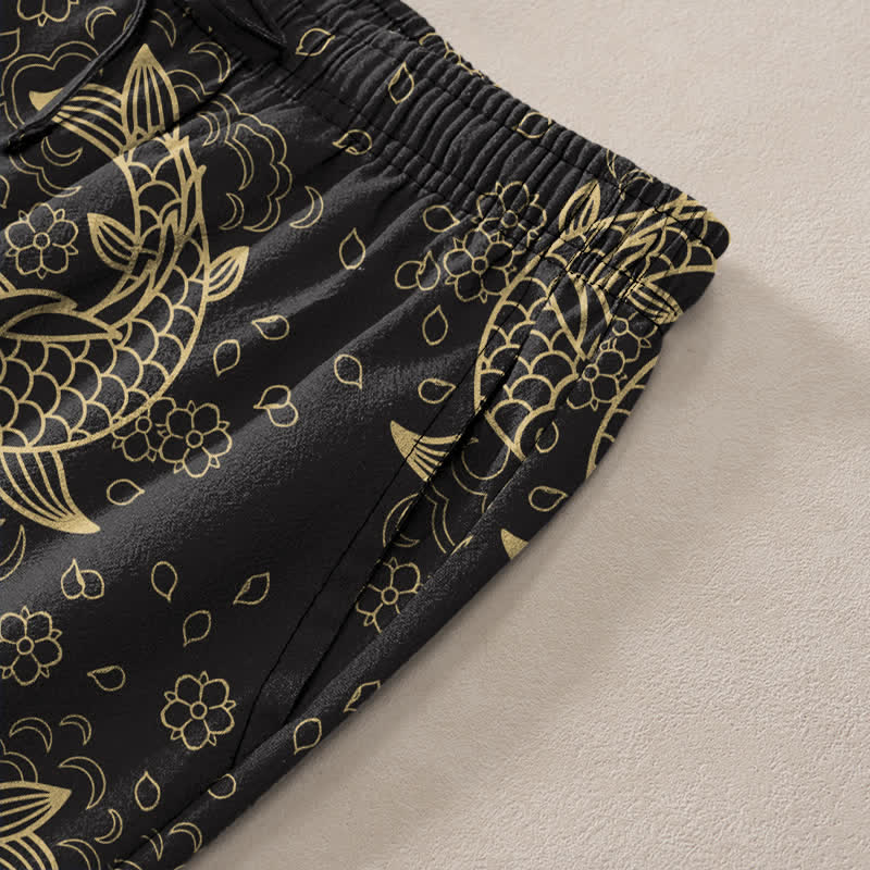 Buddha Stones Cotton Golden Koi Fish Floral Pattern Men's Tapered Pants With Pockets - image 2