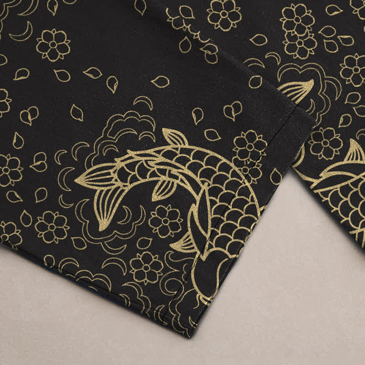 Buddha Stones Cotton Golden Koi Fish Floral Pattern Men's Tapered Pants With Pockets - image 3